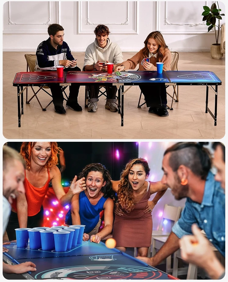 Nešiojamas 2,4 m beer pong stalas su LED