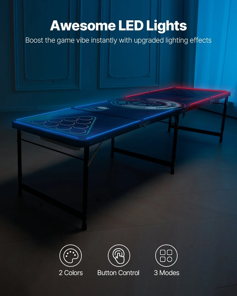 Nešiojamas 2,4 m beer pong stalas su LED