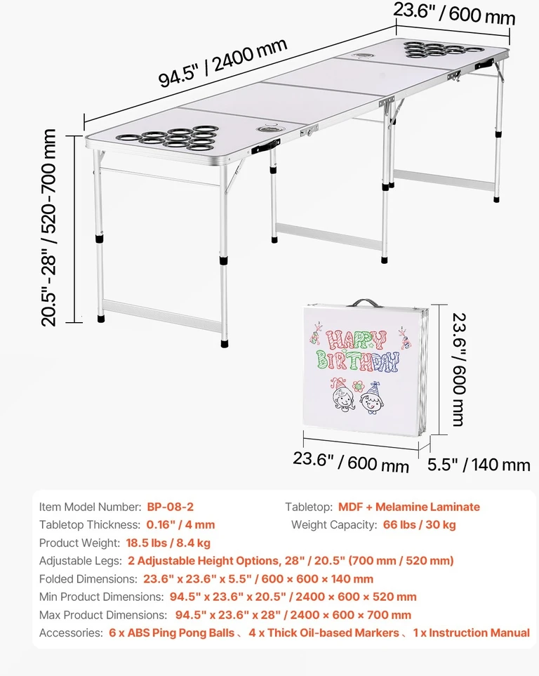VEVOR Nešiojamas beer pong stalas 2,4 m