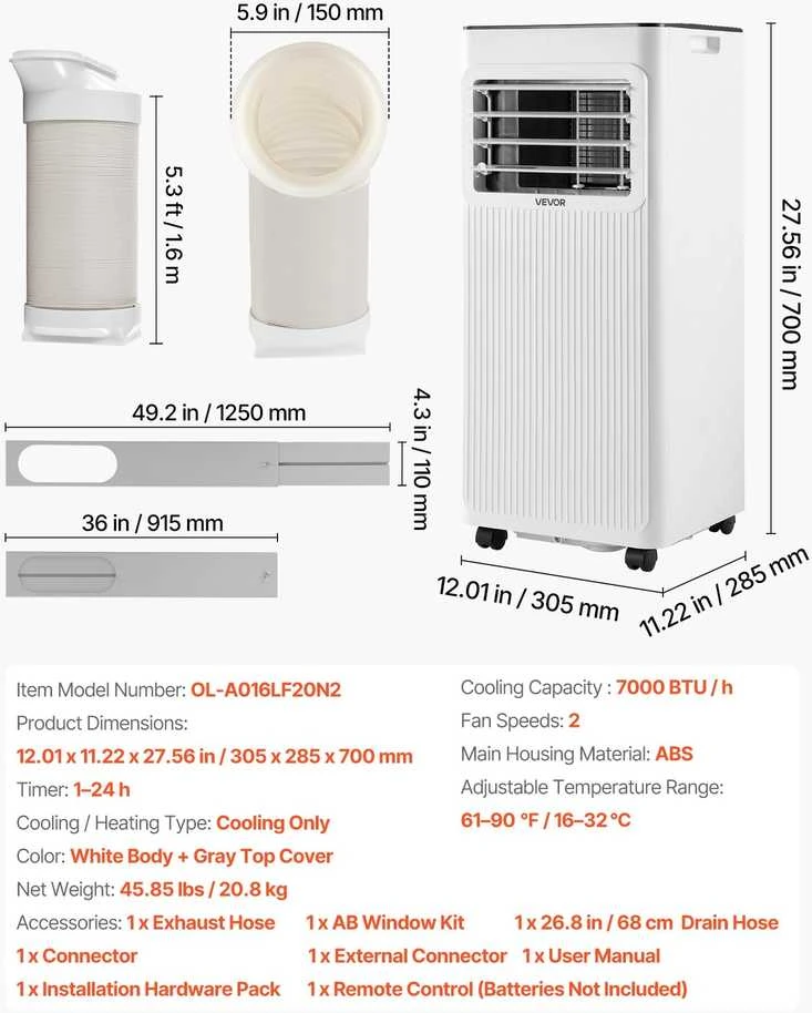 VEVOR Nešiojamas oro kondicionierius 2kW, 3-in-1