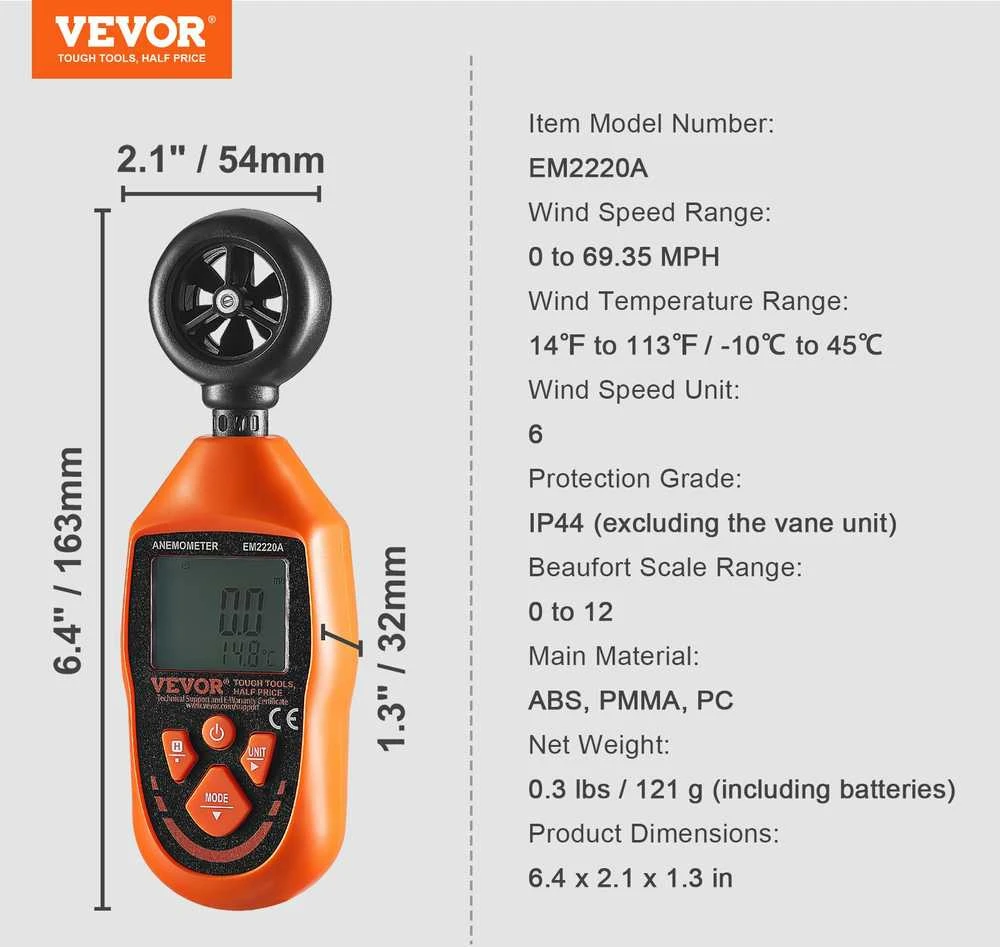 VEVOR Nešiojamas vėjo matuoklis su LED ekranu