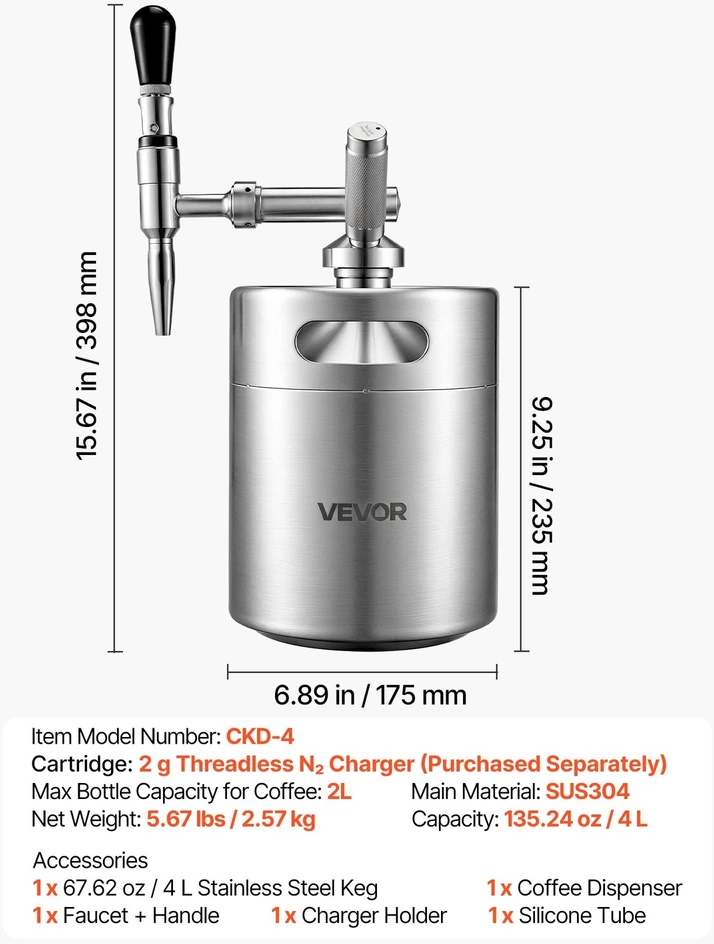 VEVOR Nitro cold brew kavos aparatas 4 l