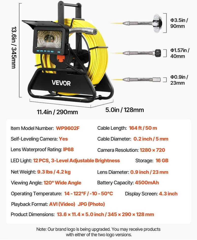 VEVOR Nuotekų kamera 50 m su 1080P ekranu