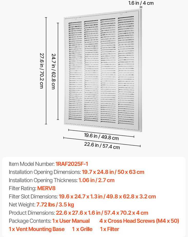 Vevor Oro filtro grotelės 50x63 cm su filtru
