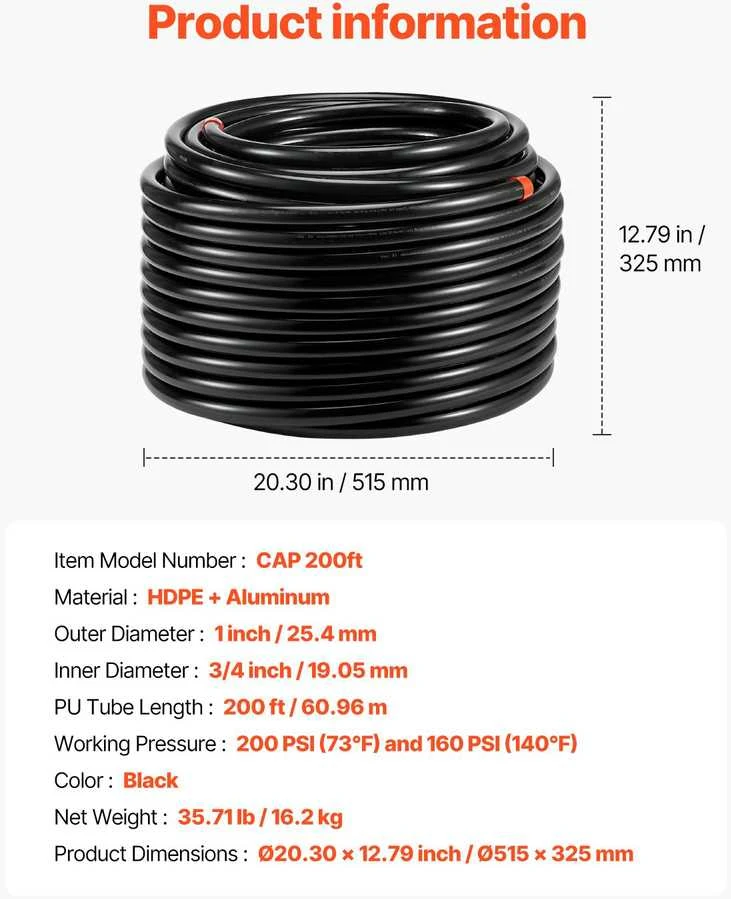 Vevor Oro kompresoriaus linijos komplektas 3/4'' x 60,96 m, juodas