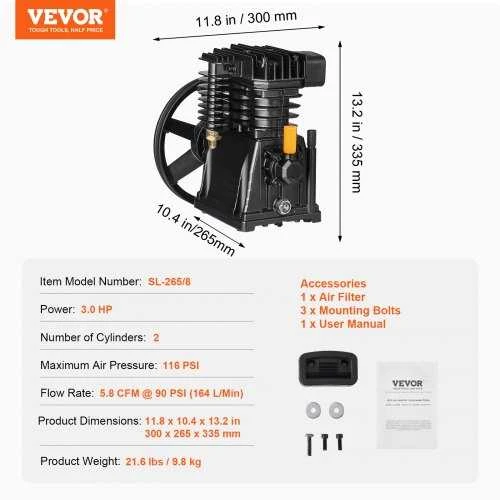 VEVOR Oro kompresoriaus siurblio galvutė 3 AG 164 l/min 90 PSI