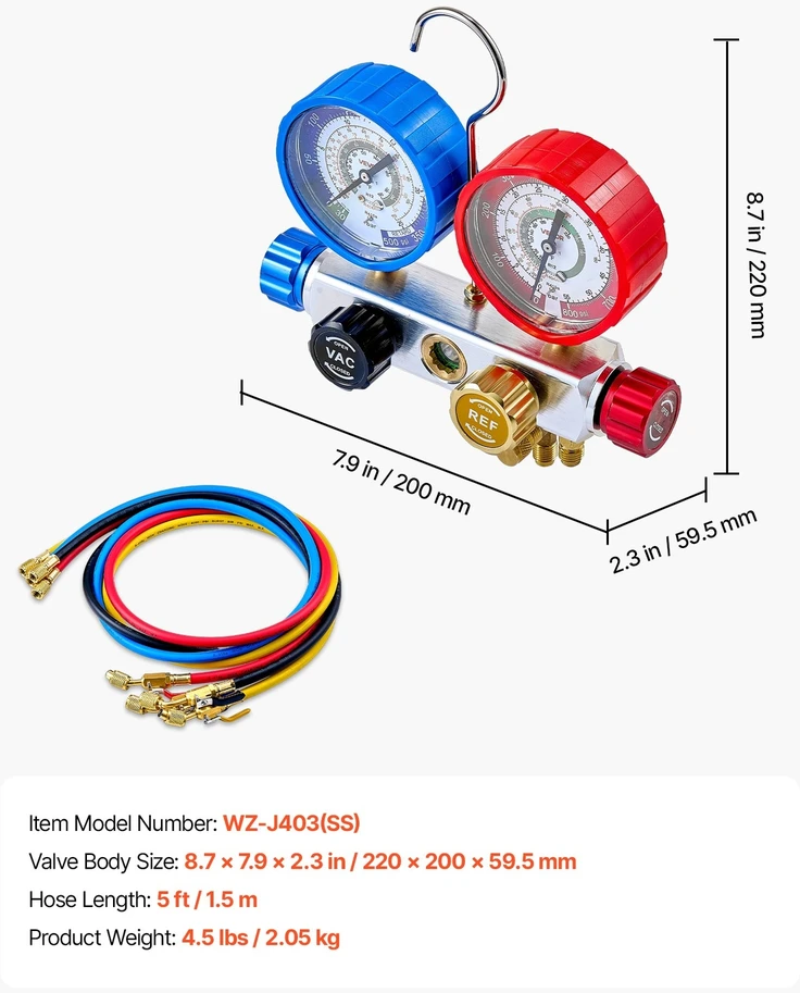 VEVOR oro kondicionierių mašinų manometrų rinkinys R22 R404A R410A R12