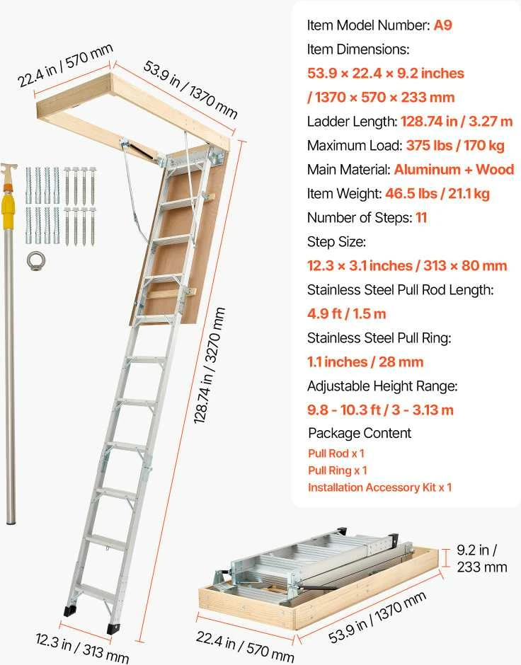 VEVOR Palėpės kopėčios aliuminio 170 kg 3 - 3.13 m