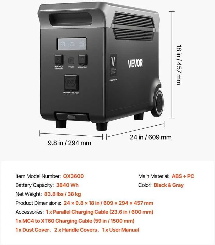 VEVOR Papildoma baterija nešiojamiems įrenginiams 3840Wh