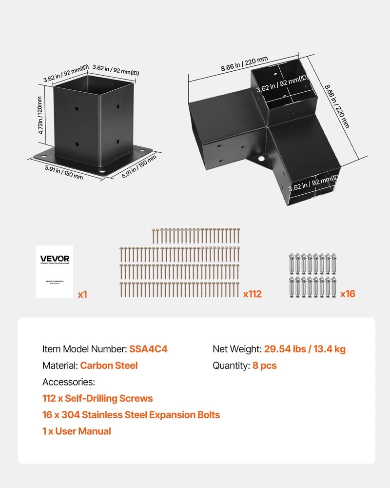 VEVOR Pergolos laikiklių rinkinys 4x4, 92x92 mm
