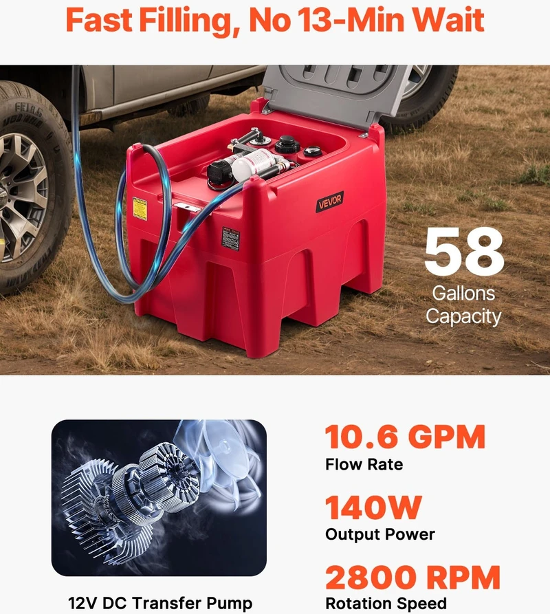 VEVOR Pernešamas dyzelino bakas 220 l, su 12 V siurbliu