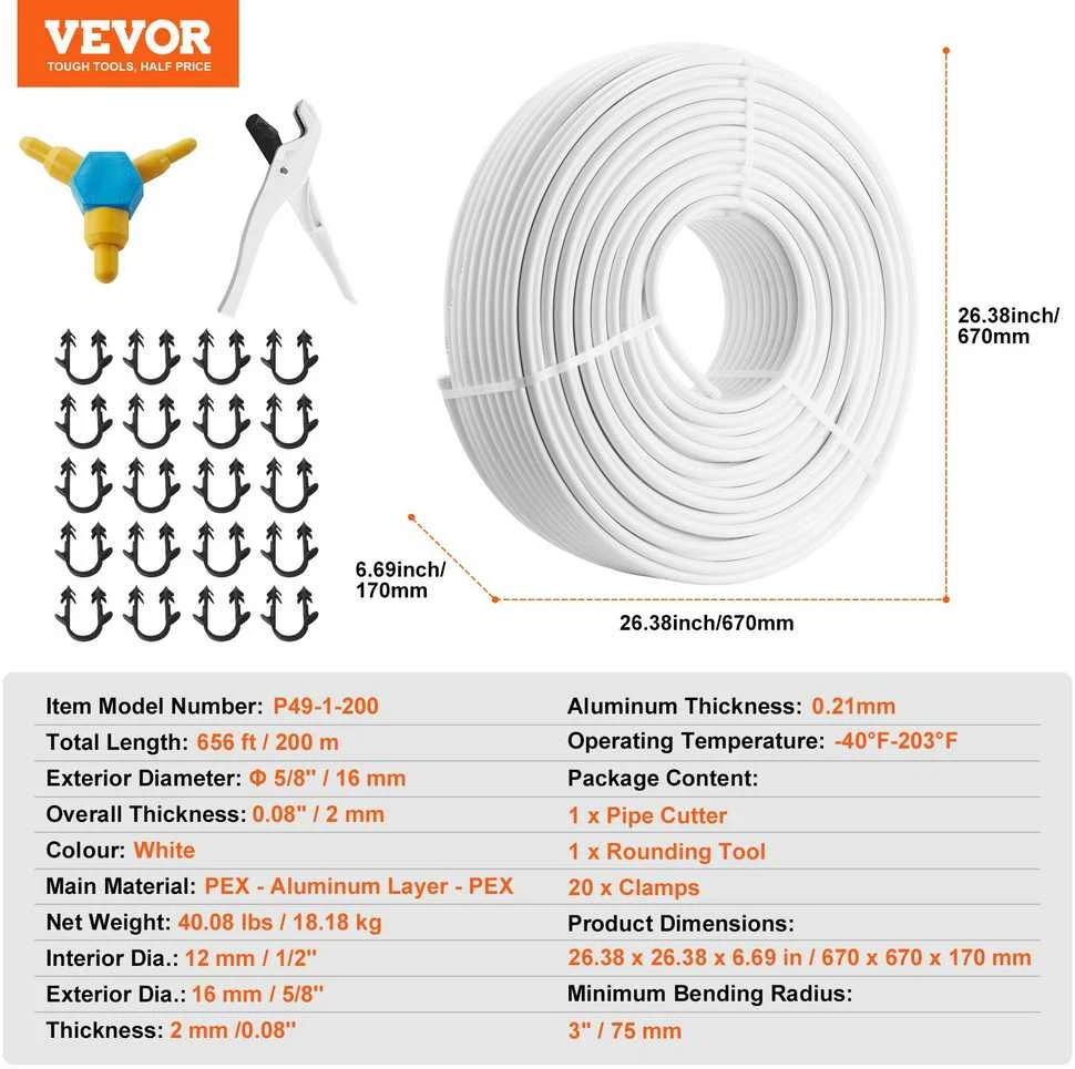 VEVOR Pex-al-pex vamzdis 200 m, 16 mm skersmens
