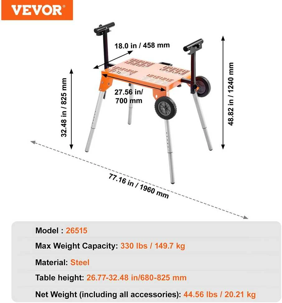VEVOR pjūklų stovas su stalu ir ratukais