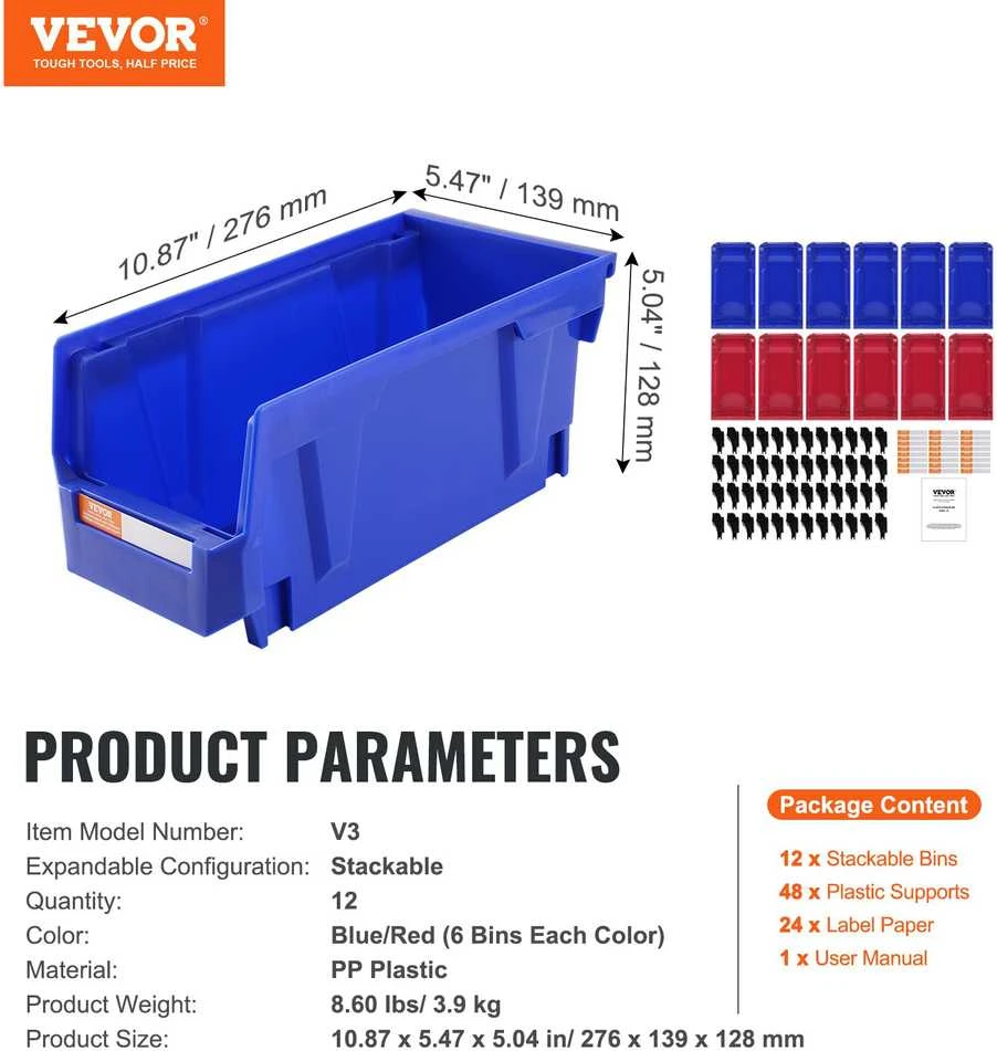 VEVOR Plastikinė laikymo dėžė, 12 vnt., mėlyna/raudona