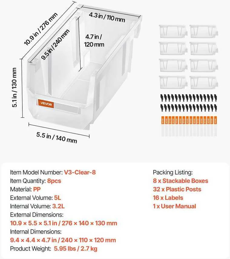 VEVOR Plastikinės sandėliavimo dėžės, 8 vnt. 27,6 x 14 x 13 cm