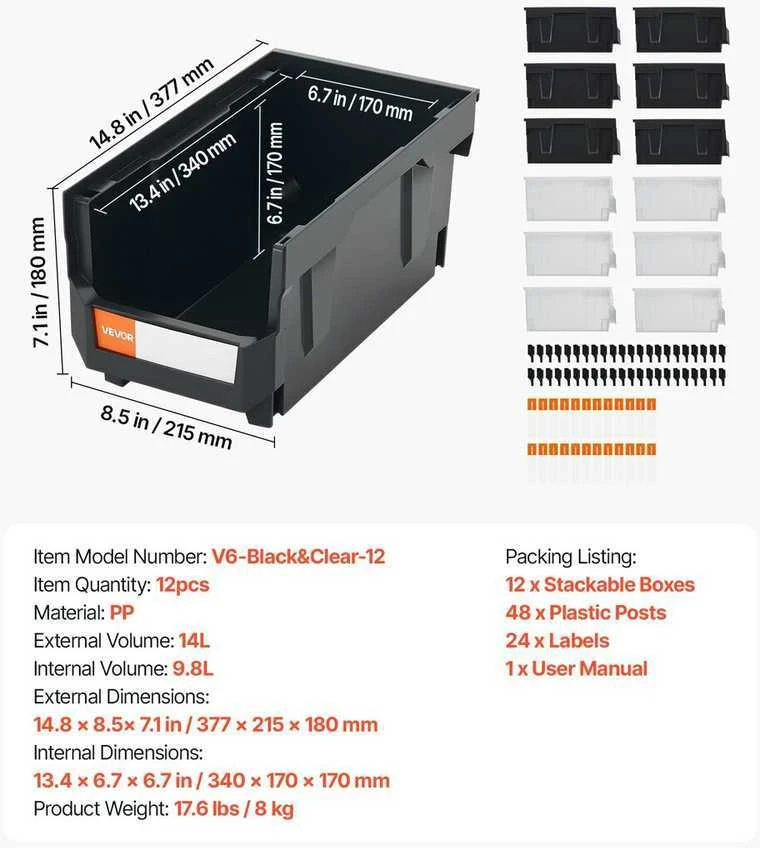 VEVOR Plastikinės sandėliavimo dėžutės 37.7 x 21.5 x 18 cm