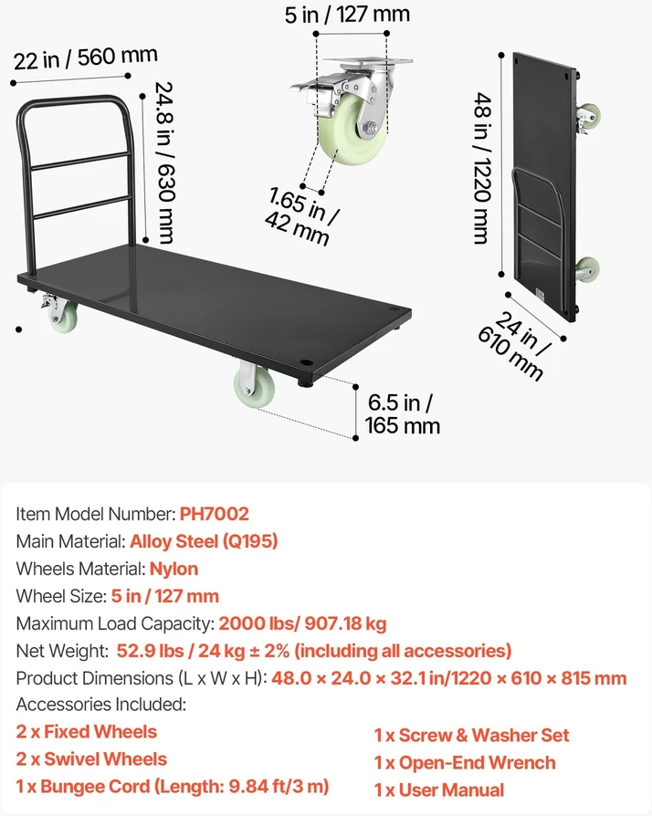 VEVOR Plieninė platforma su ratukais, 907 kg