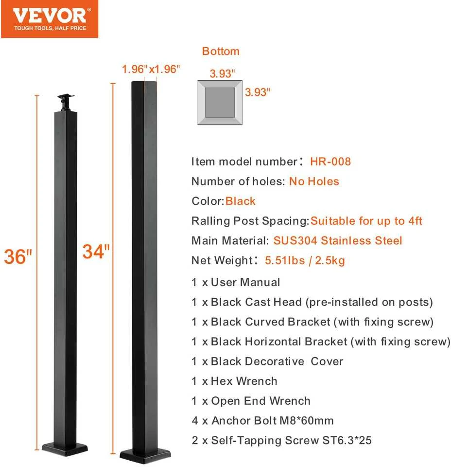 VEVOR Plieninis turėklas be skylių 91x5x5 cm, juodas