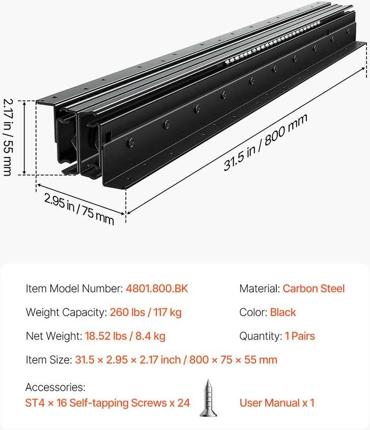 VEVOR Pogrindinės stalčių bėgeliai 80 cm 117 kg apkrova