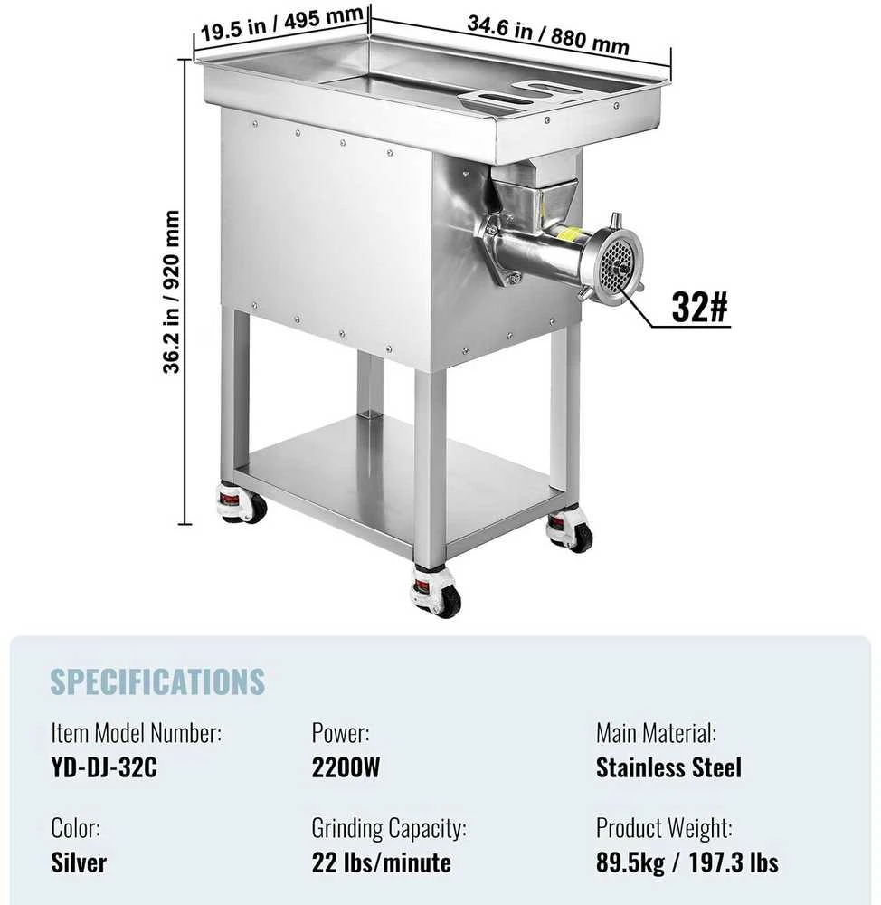 VEVOR Pramoninė elektrinė mėsmalė 89 kg, 22 kg/min 2200 W