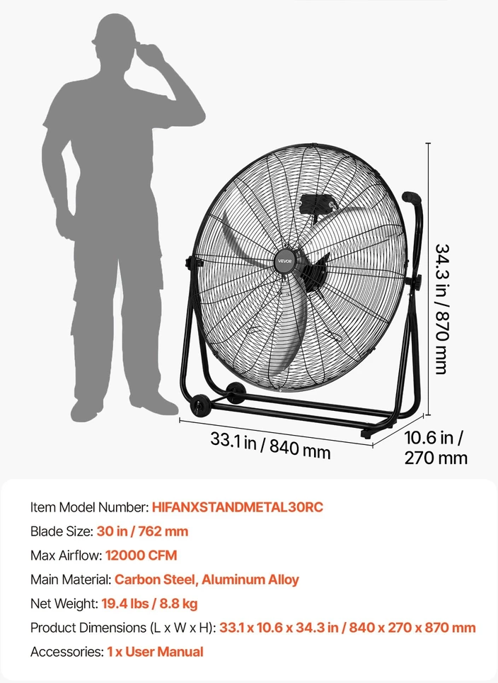 VEVOR Pramoninis 762 mm būgninis ventiliatorius, 12000 CFM