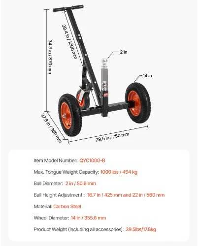 VEVOR Priekabų vežimėlis 454 kg, 16,7–22 cm aukštis
