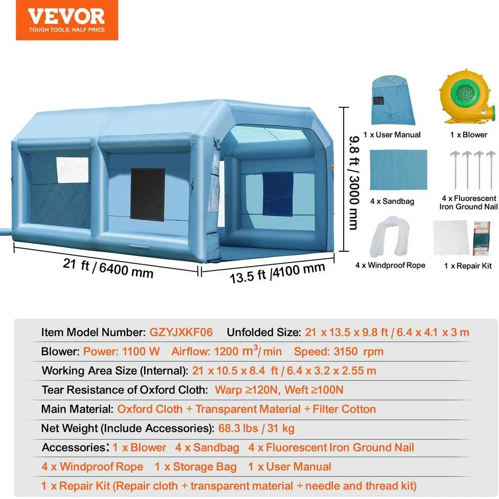 VEVOR Pripučiamas dažymo paviljonas 6.4 x 4.1 m