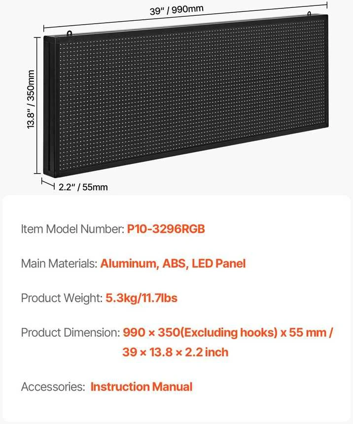 VEVOR Programuojama LED iškaba 40x14 colių P10 spalvota