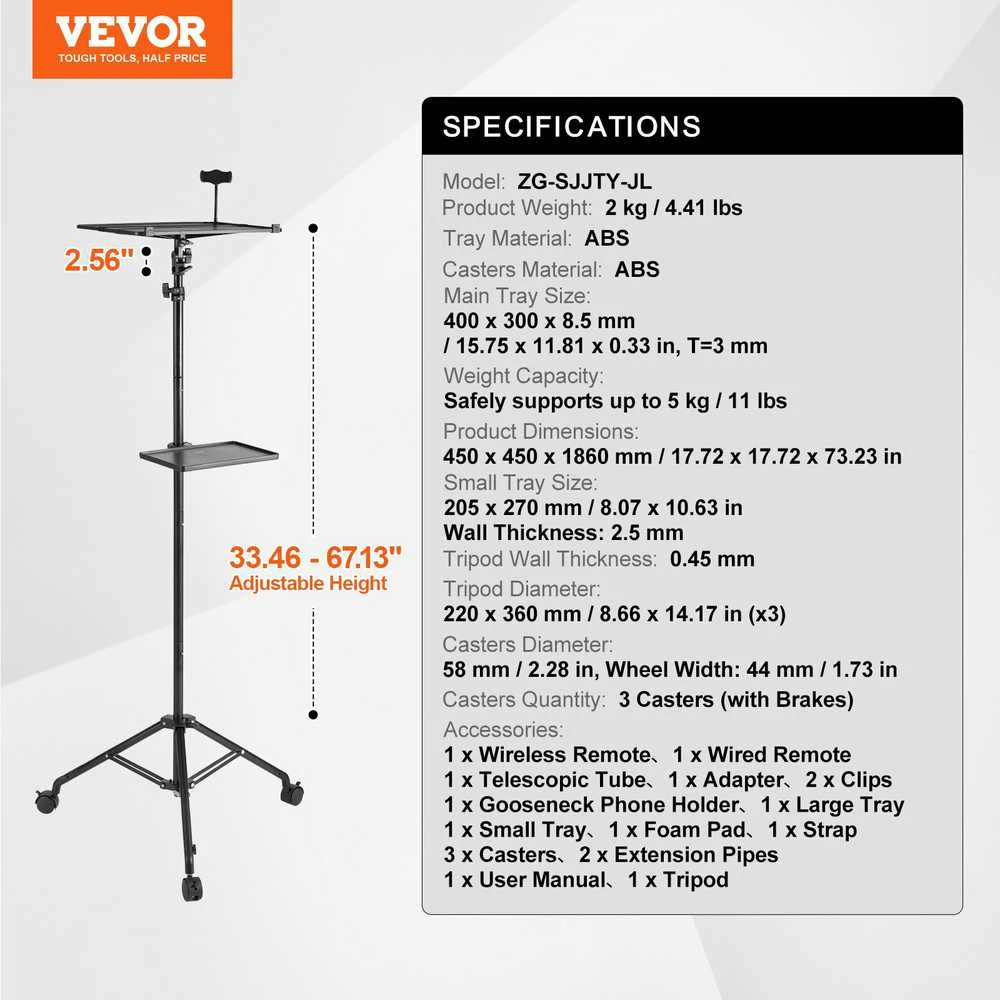 VEVOR Projektoriaus ir nešiojamojo stovo trikojis su ratukais
