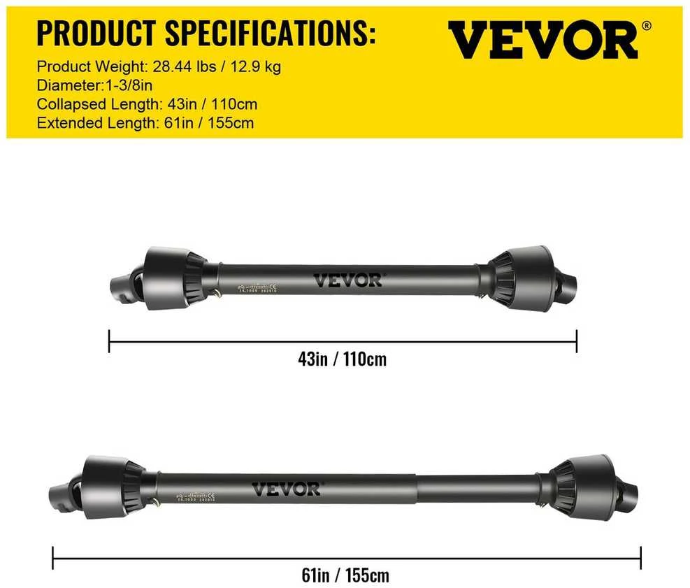 VEVOR PTO velenas su 1-3/8" x 6 šlicais