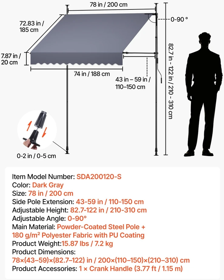 VEVOR Rankinė ištraukiama markizė, 200 cm