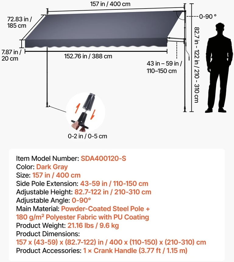 VEVOR Rankinė ištraukiama markizė, 400 cm