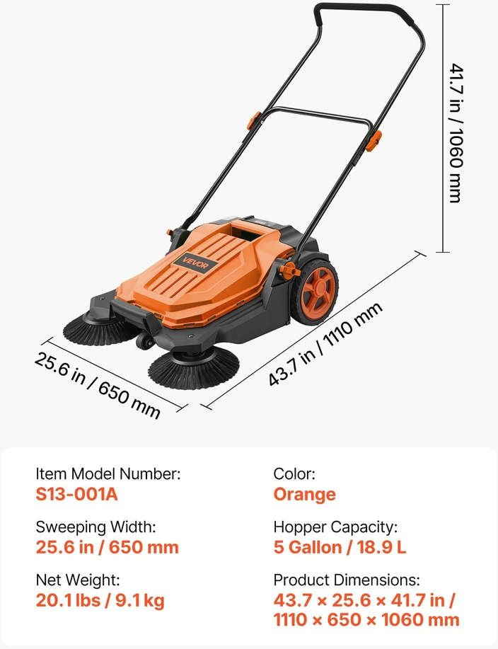 VEVOR Rankinė stumiama mechaninė grindų šluota 650 mm