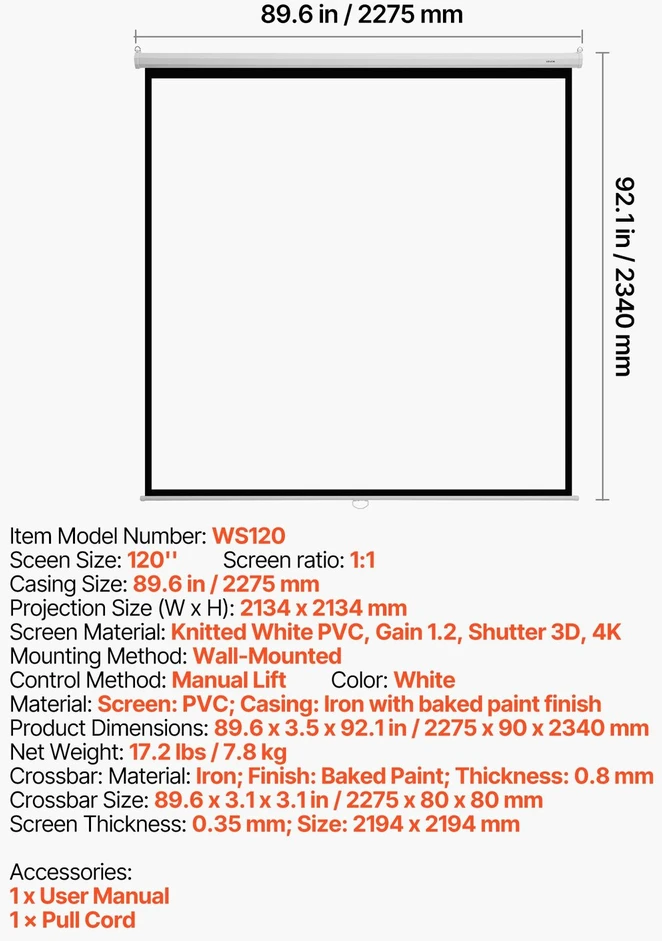 Vevor Rankinis projektoriaus ekranas, 3048 mm