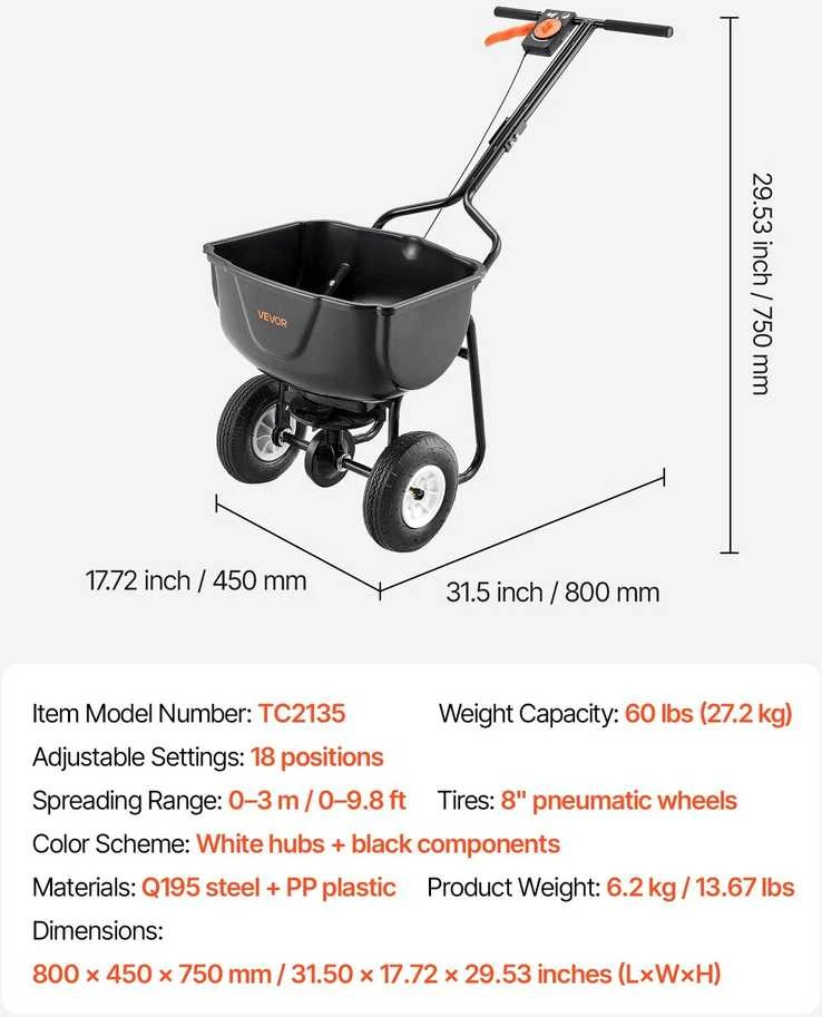 VEVOR Rankinis skleidėjas su tinkleliu, 27,2kg talpa