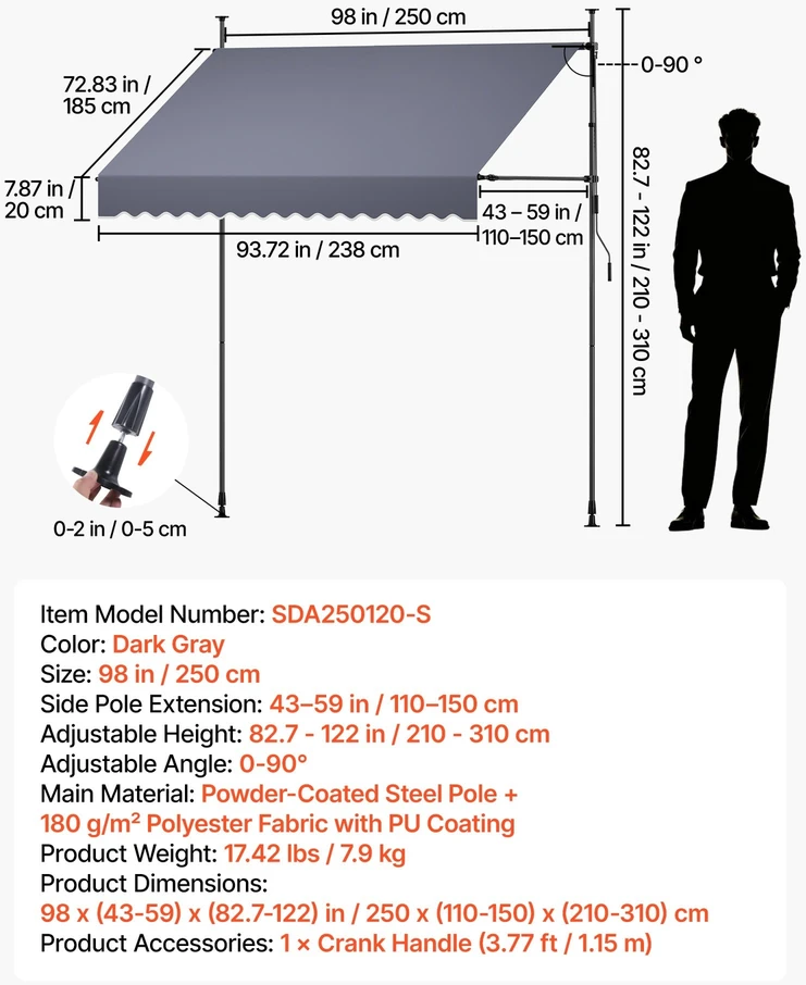 VEVOR Rankiniu būdu ištraukiama lauko markizė 250 cm