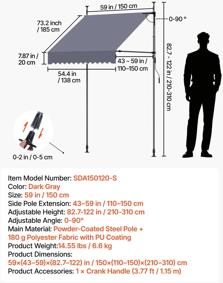 VEVOR Rankiniu būdu ištraukiama markizė, 150 cm