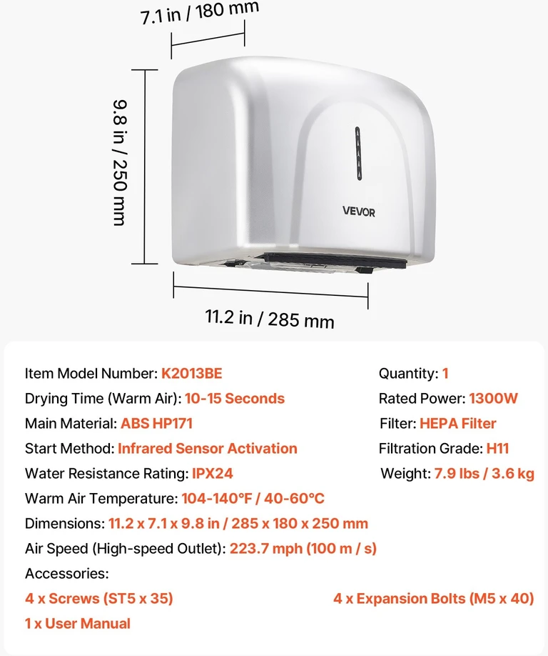Rankų džiovintuvas 1300W su HEPA filtru