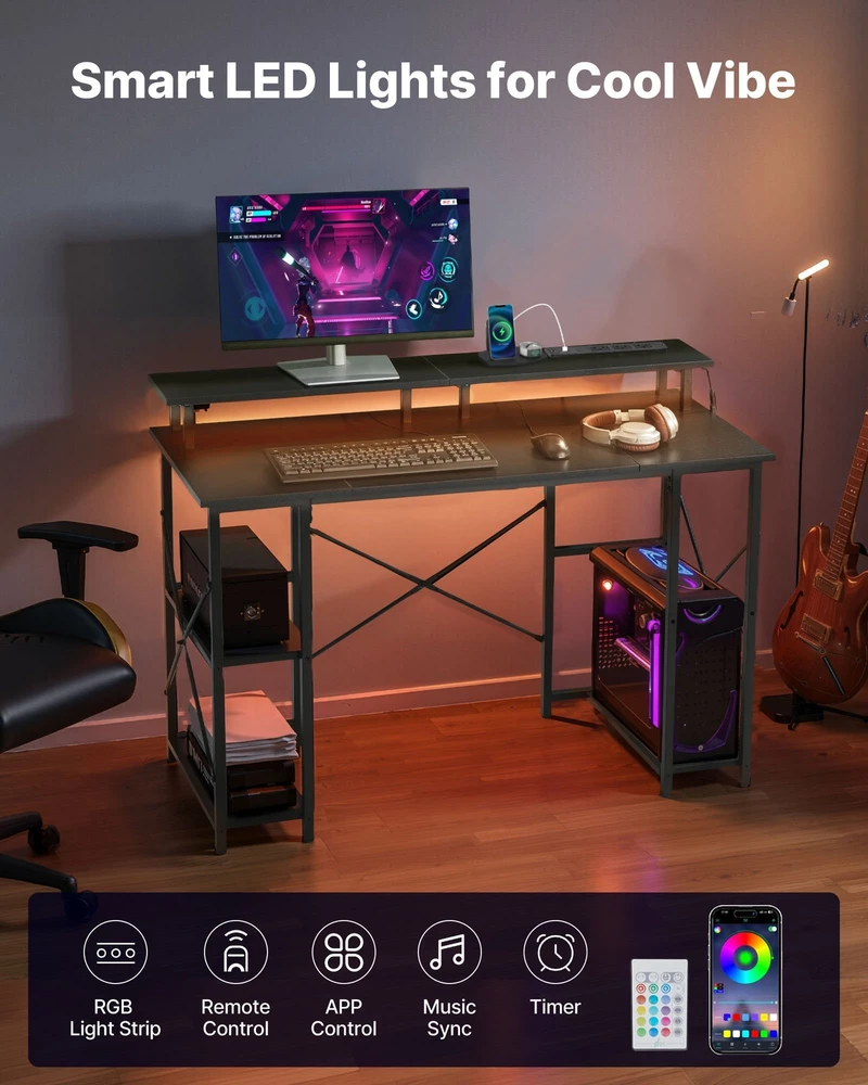 VEVOR 120 cm kompiuterio stalas su LED, maitinimo lizdais, apverčiamas žaidimų stalas su monitoriaus stovu, namų biuro darbo vieta, juodas stalas su lentynomis, modernūs baldai