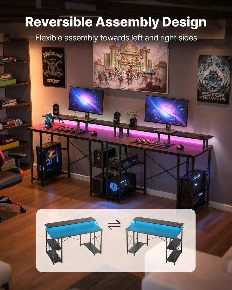 VEVOR 120 cm kompiuterio stalas su LED, maitinimo lizdais, apverčiamas žaidimų stalas su monitoriaus stovu, namų biuro darbo vieta, juodas stalas su lentynomis, modernūs baldai