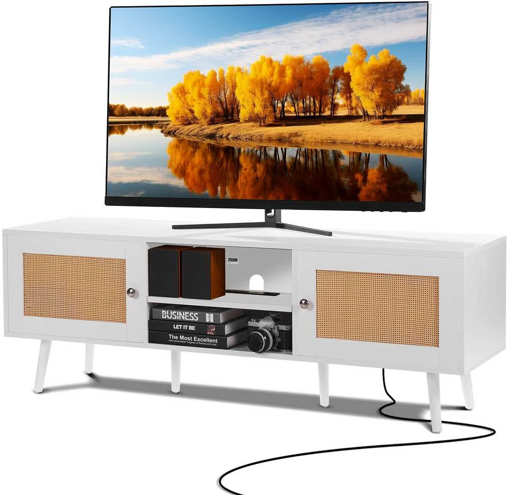 TV staliukas VEVOR Rataninė televizoriaus spintelė 65" TV su lizdu