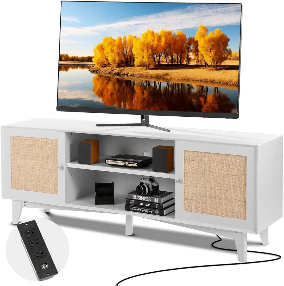 TV staliukas VEVOR Rattan televizoriaus stovas 191 cm baltas