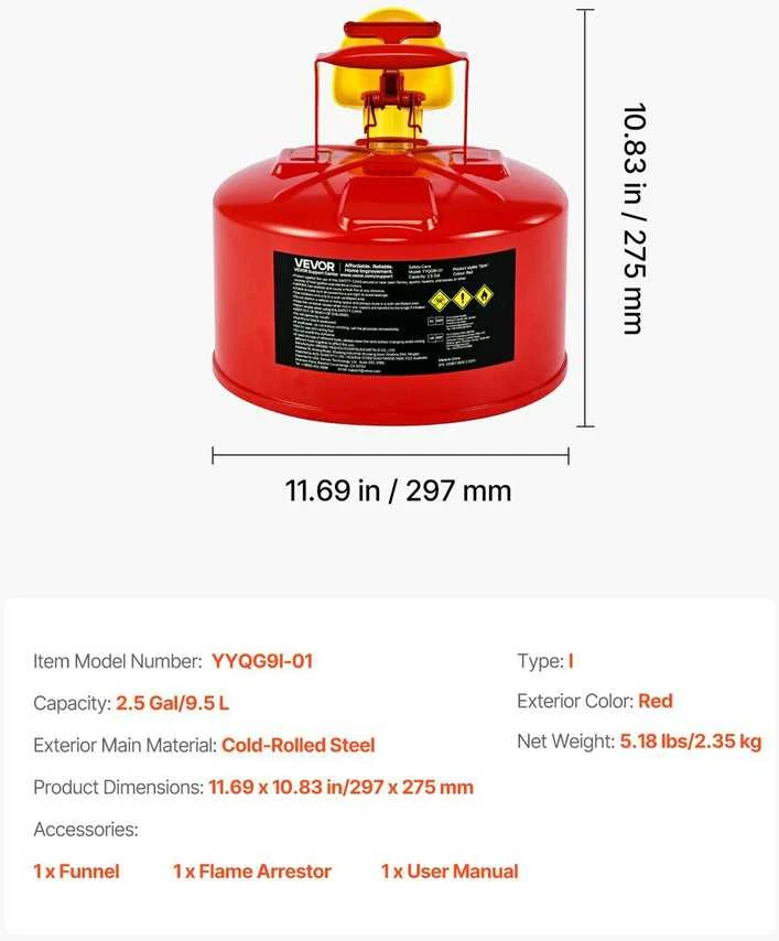 VEVOR Raudonas 9.5 L benzino kanistras