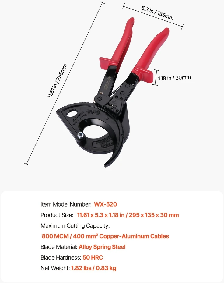VEVOR Reketinis kabelių kirptuvas iki 800 MCM / 400 mm²