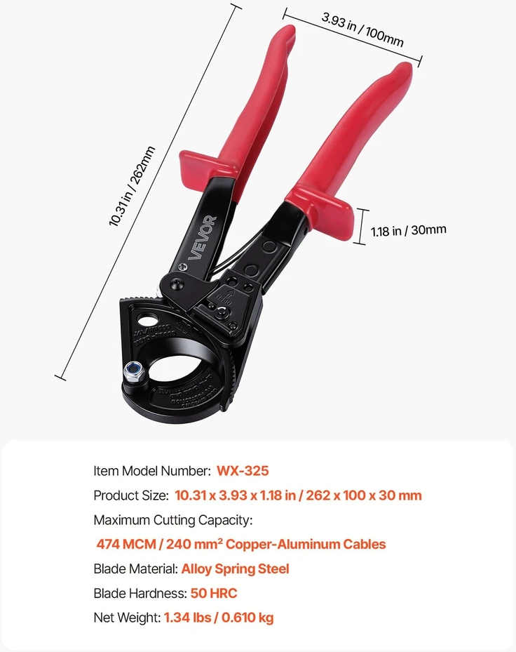 VEVOR Reketinis kabelių pjaustytuvas iki 240 mm²