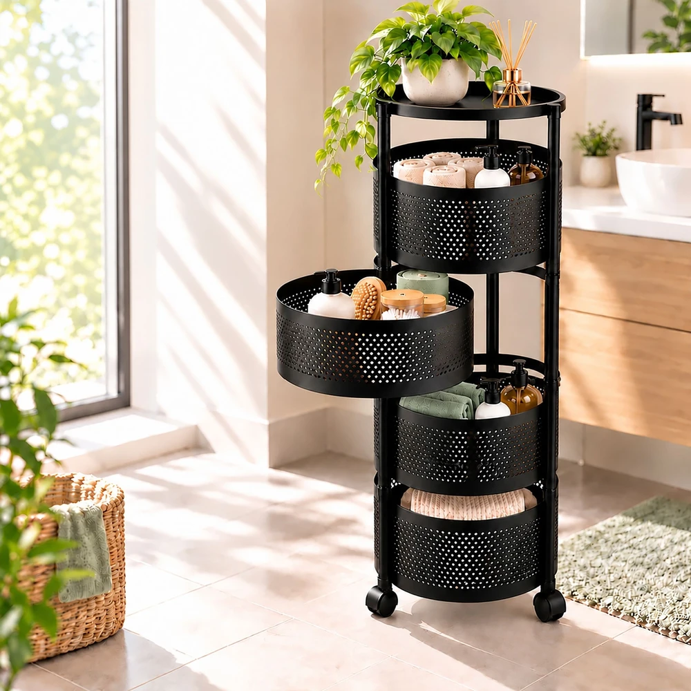 Relaxdays Apvalus vežimėlis su ištraukiamais krepšeliais