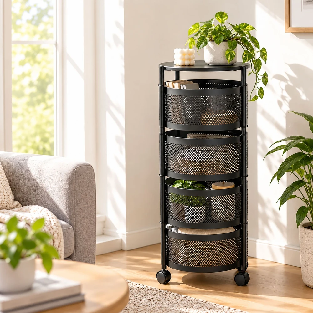 Relaxdays Apvalus vežimėlis su ištraukiamais krepšeliais