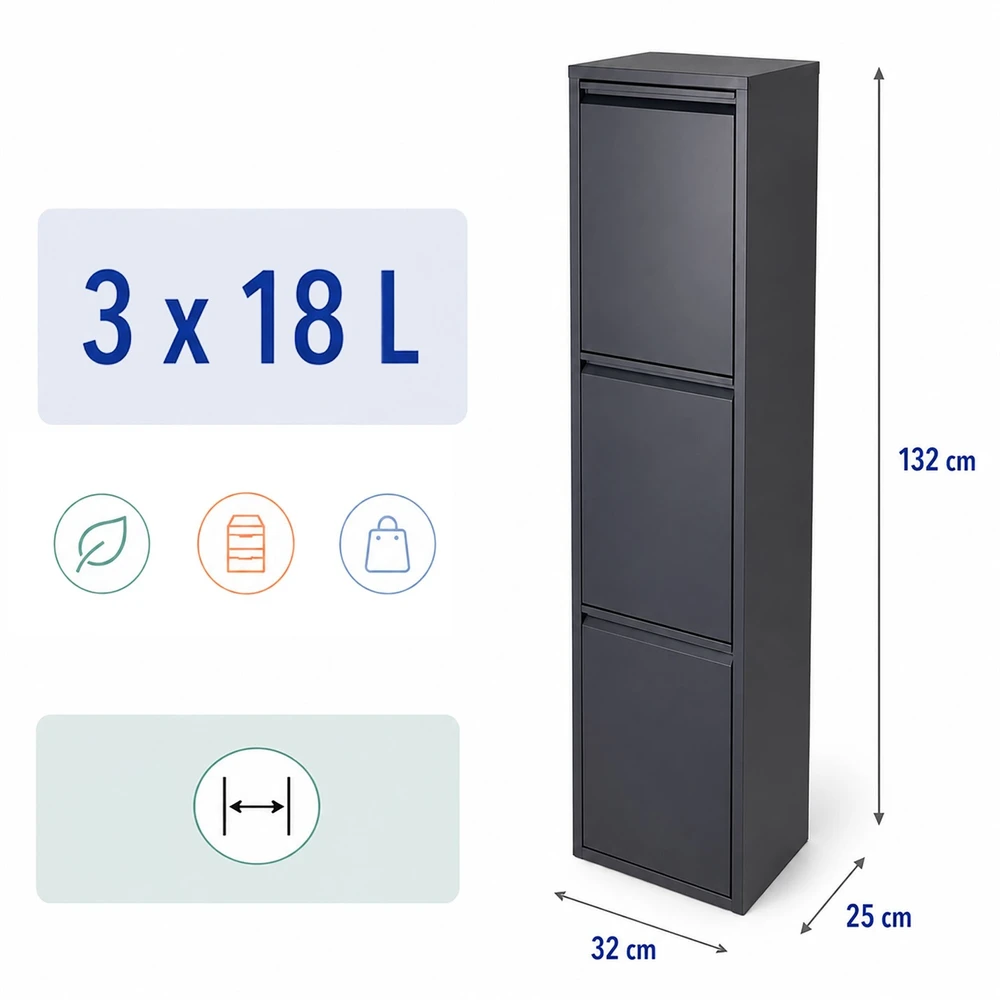 Relaxdays Šiukšliadėžė 3 skyrių 3x18 l