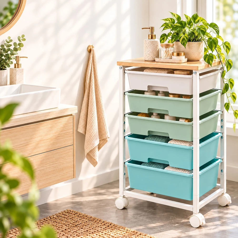 Relaxdays Vežimėlis su 5 plastikiniais stalčiais