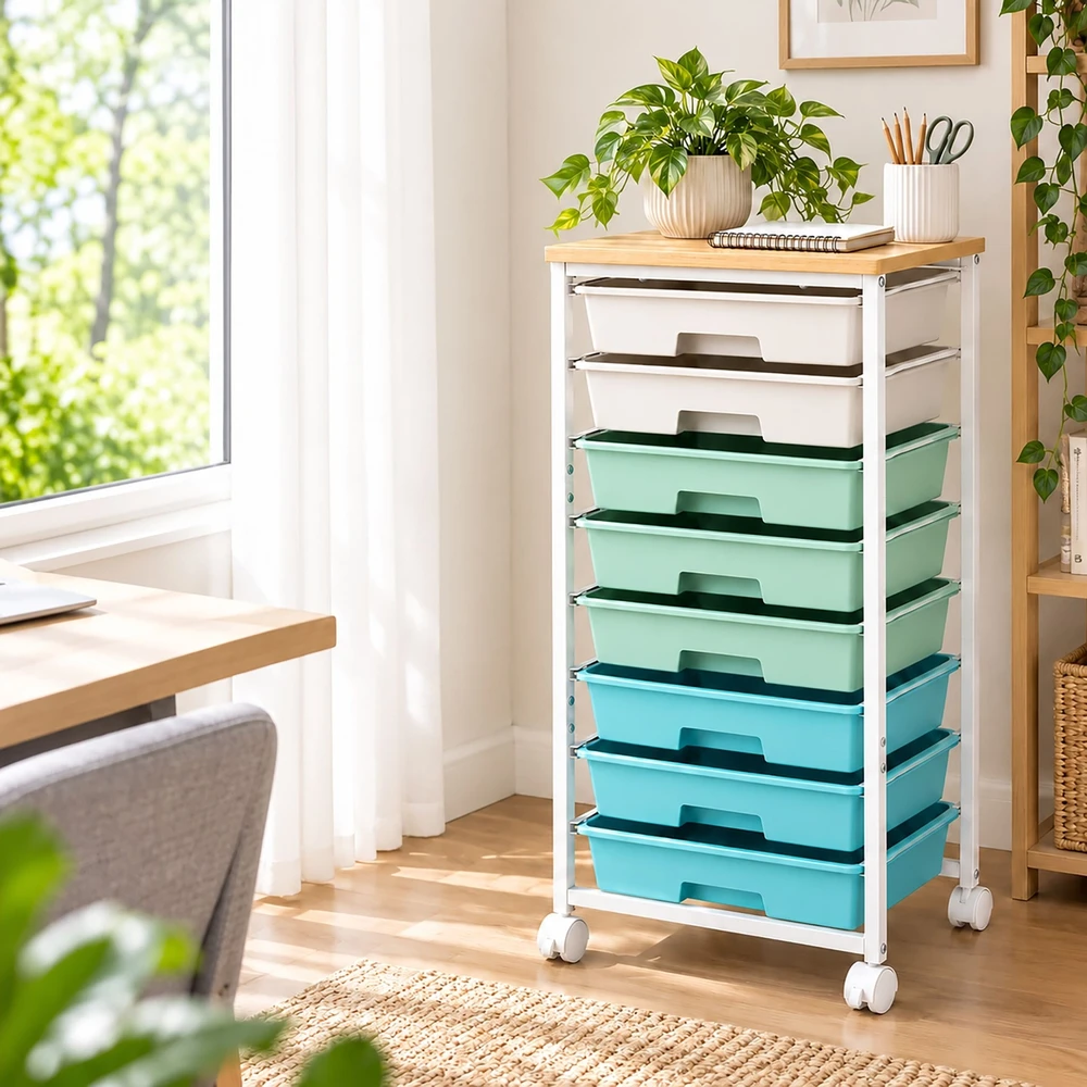 Relaxdays Vežimėlis su 8 plastikiniais stalčiais